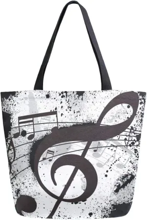 ALAZA Gunge Black Music Notes Canvas Tote Bag Top Handle Purses Large Totes Reusable Handbags Cotton Shoulder Bags for Women Travel Work Shopping Grocery