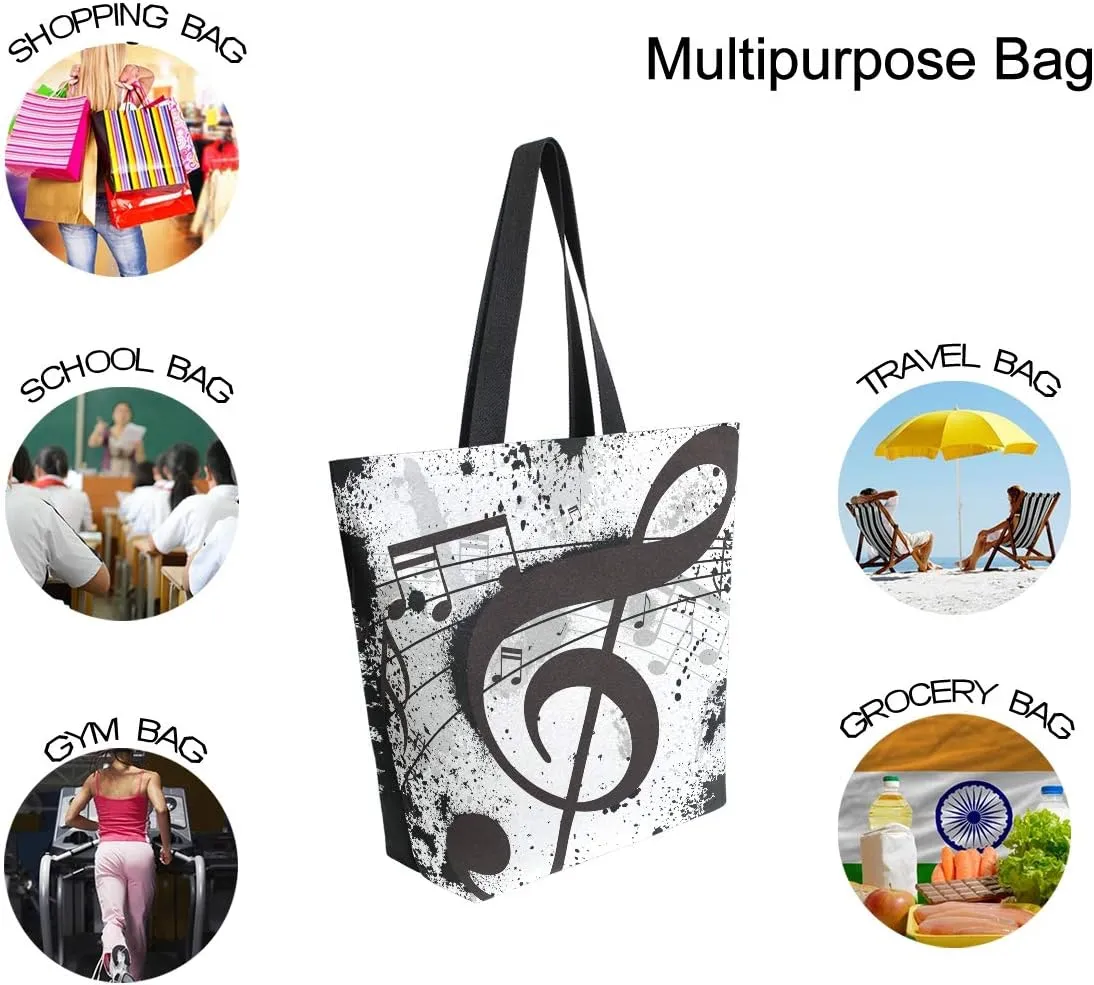 ALAZA Gunge Black Music Notes Canvas Tote Bag Top Handle Purses Large Totes Reusable Handbags Cotton Shoulder Bags for Women Travel Work Shopping Grocery