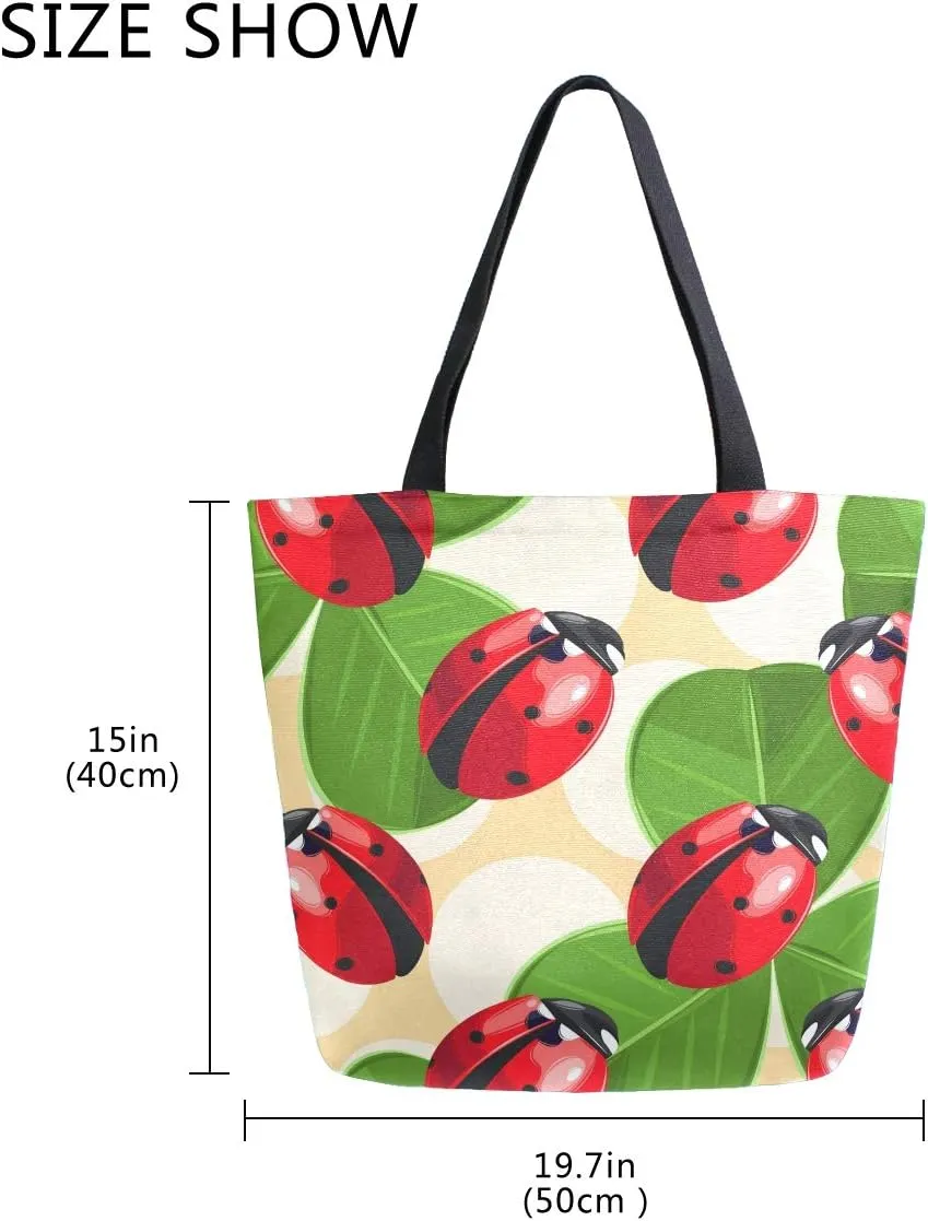ALAZA Ladybug and Clover Canvas Tote Bag for Women Travel Work Shopping Grocery Top Handle Purses Large Totes Reusable Handbags Cotton Shoulder Bags
