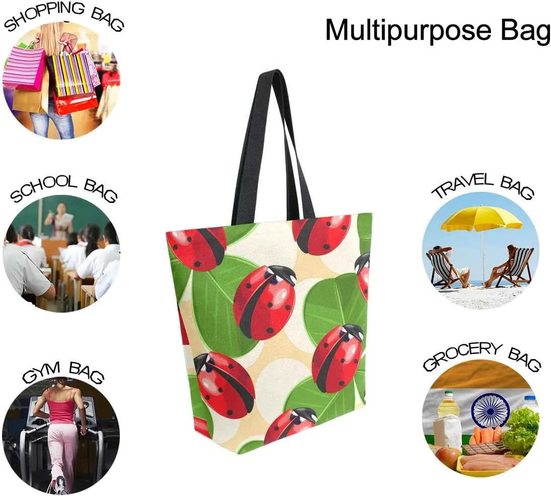 ALAZA Ladybug and Clover Canvas Tote Bag for Women Travel Work Shopping Grocery Top Handle Purses Large Totes Reusable Handbags Cotton Shoulder Bags