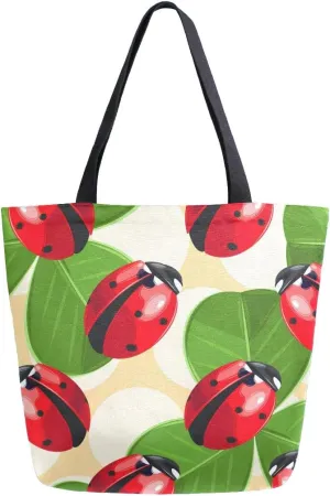 ALAZA Ladybug and Clover Canvas Tote Bag for Women Travel Work Shopping Grocery Top Handle Purses Large Totes Reusable Handbags Cotton Shoulder Bags