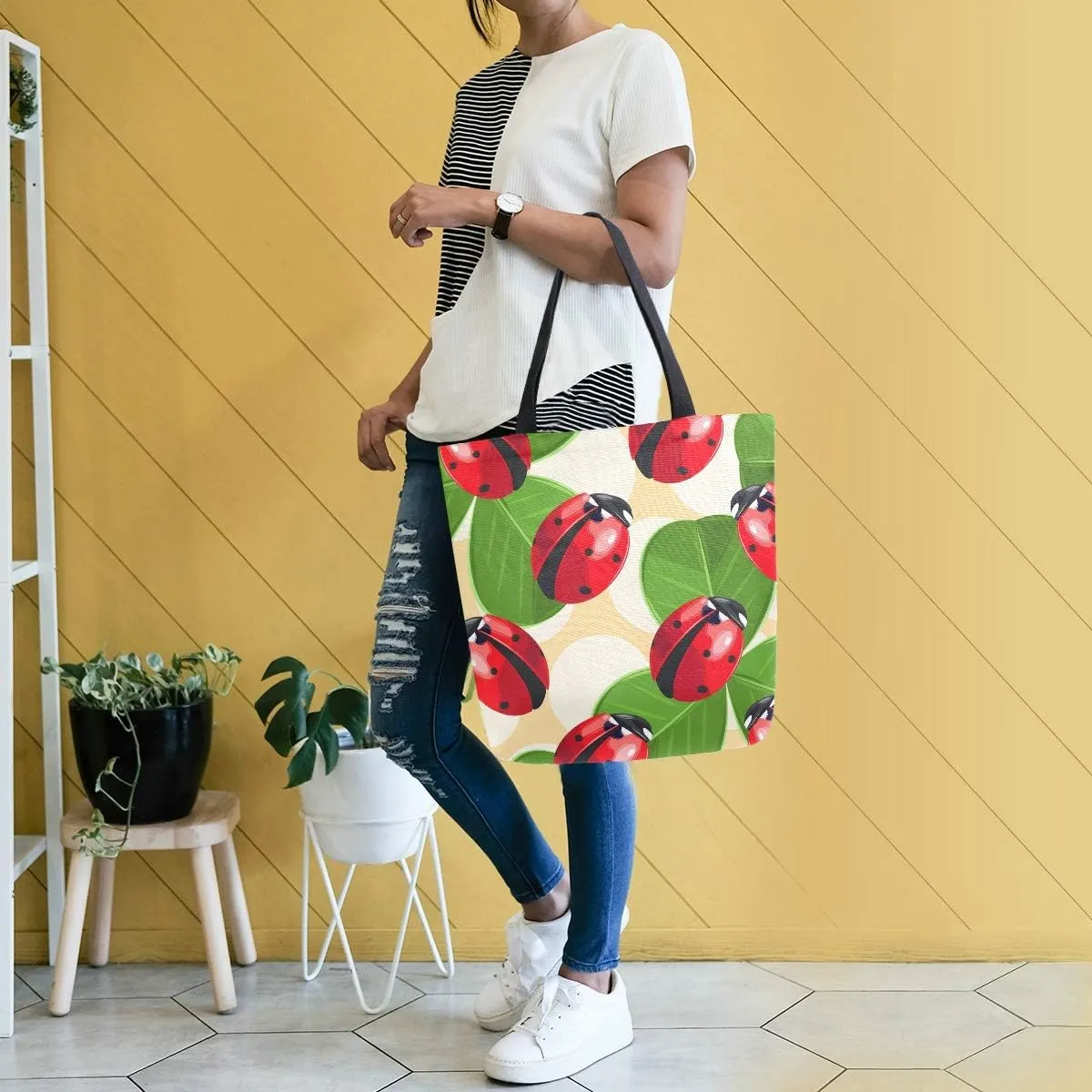 ALAZA Ladybug and Clover Canvas Tote Bag for Women Travel Work Shopping Grocery Top Handle Purses Large Totes Reusable Handbags Cotton Shoulder Bags