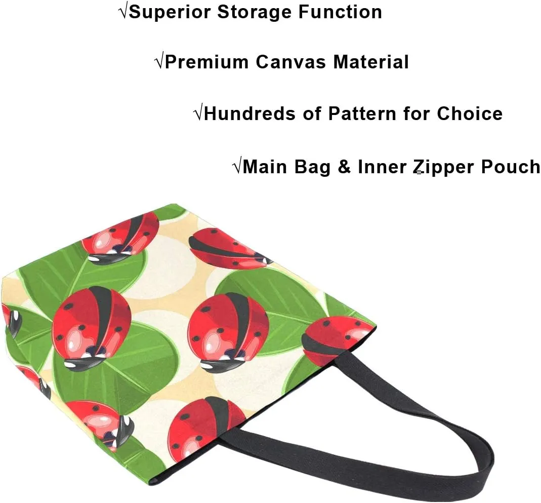 ALAZA Ladybug and Clover Canvas Tote Bag for Women Travel Work Shopping Grocery Top Handle Purses Large Totes Reusable Handbags Cotton Shoulder Bags