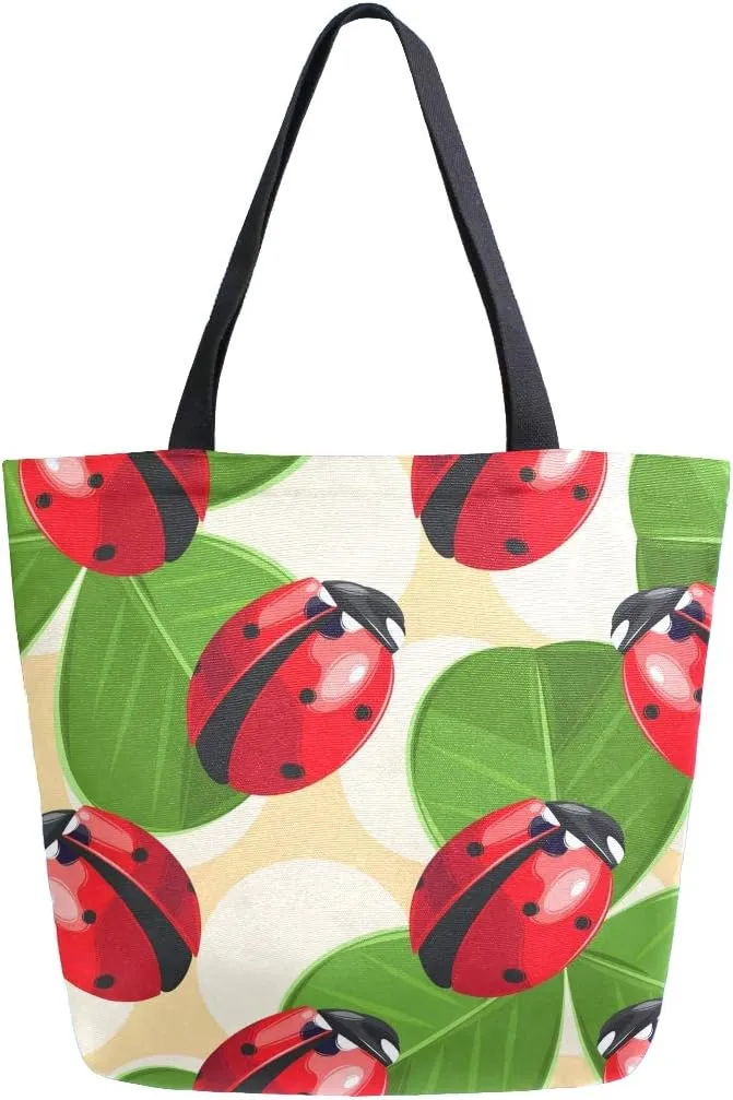 ALAZA Ladybug and Clover Canvas Tote Bag for Women Travel Work Shopping Grocery Top Handle Purses Large Totes Reusable Handbags Cotton Shoulder Bags