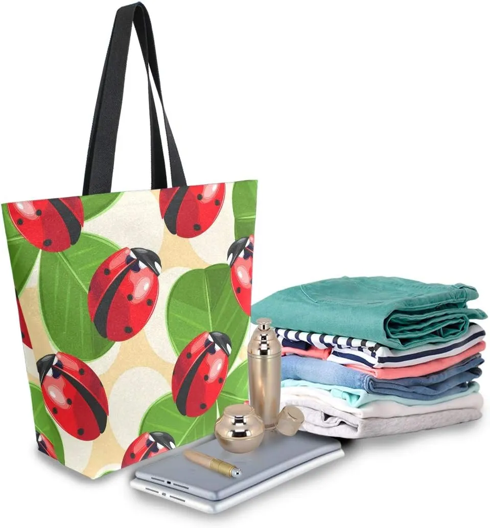 ALAZA Ladybug and Clover Canvas Tote Bag for Women Travel Work Shopping Grocery Top Handle Purses Large Totes Reusable Handbags Cotton Shoulder Bags