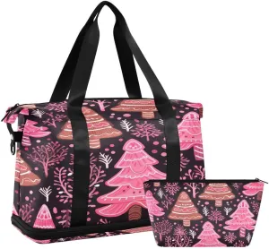 ALAZA Pine Tree Snow Merry Christmas Travel Duffel Bag with Shoe Compartment Tote Bag Weekender Overnight Bag with Wet Pocket for Travel,Gym,Yoga,Swimming