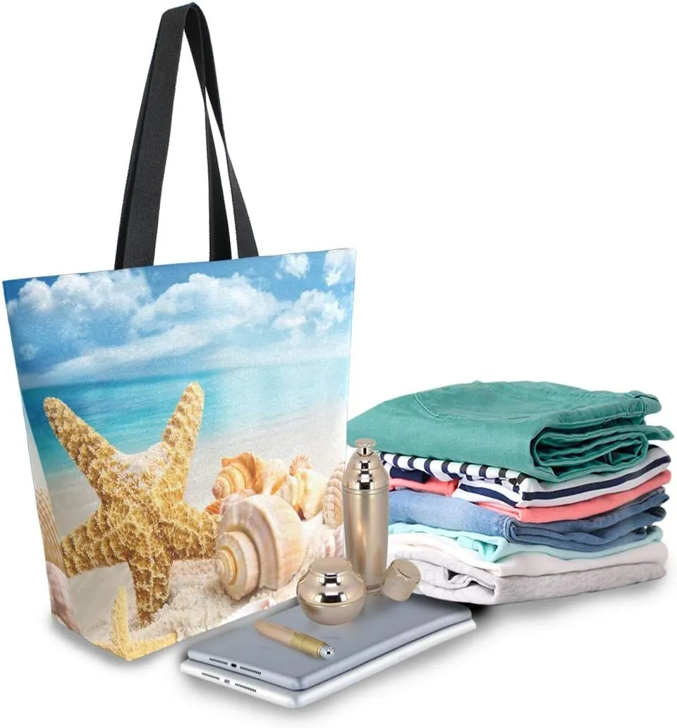 ALAZA Starfish Seashells On The Beach Canvas Tote Bag Summer Top Handle Purses Large Totes Reusable Handbags Cotton Shoulder Bags for Women Travel Work Shopping Grocery