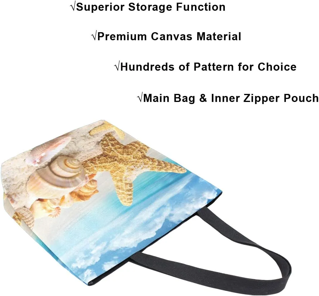 ALAZA Starfish Seashells On The Beach Canvas Tote Bag Summer Top Handle Purses Large Totes Reusable Handbags Cotton Shoulder Bags for Women Travel Work Shopping Grocery
