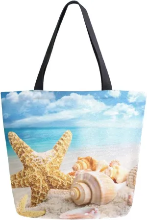 ALAZA Starfish Seashells On The Beach Canvas Tote Bag Summer Top Handle Purses Large Totes Reusable Handbags Cotton Shoulder Bags for Women Travel Work Shopping Grocery