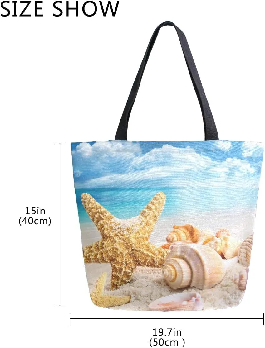 ALAZA Starfish Seashells On The Beach Canvas Tote Bag Summer Top Handle Purses Large Totes Reusable Handbags Cotton Shoulder Bags for Women Travel Work Shopping Grocery
