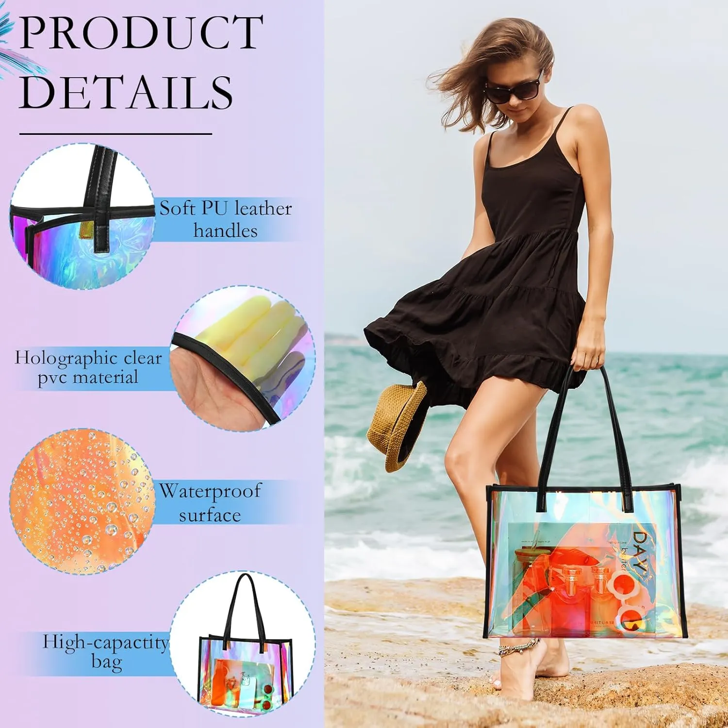 Aliceset Holographic Clear Tote Bag with Leather Handle Iridescent Bachelorette Beach Bag for Work Stadium Travel