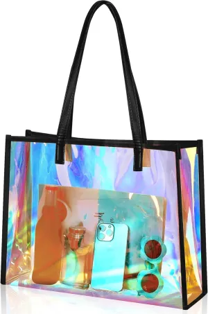 Aliceset Holographic Clear Tote Bag with Leather Handle Iridescent Bachelorette Beach Bag for Work Stadium Travel