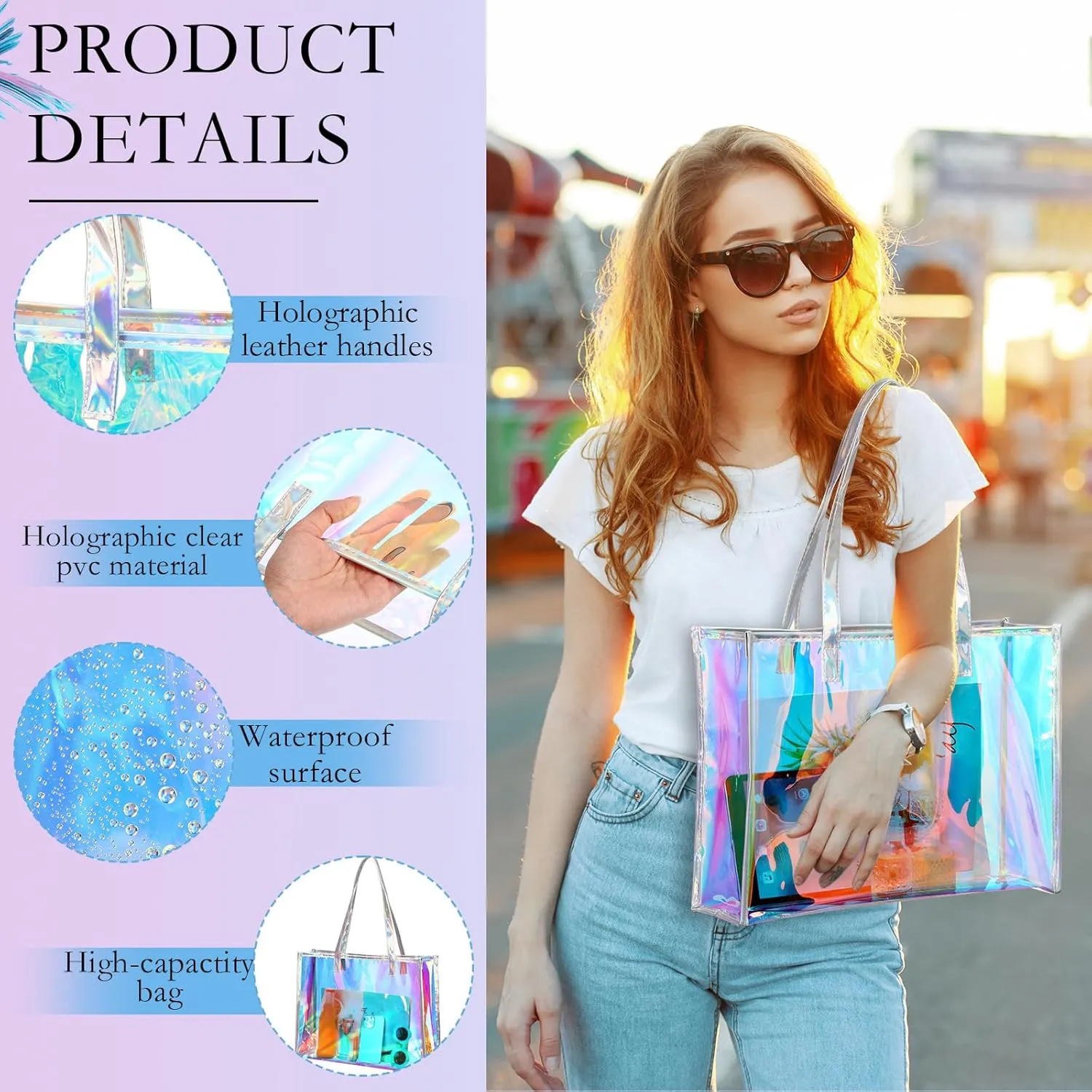 Aliceset Holographic Clear Tote Bag with Leather Handle Iridescent Bachelorette Beach Bag for Work Stadium Travel