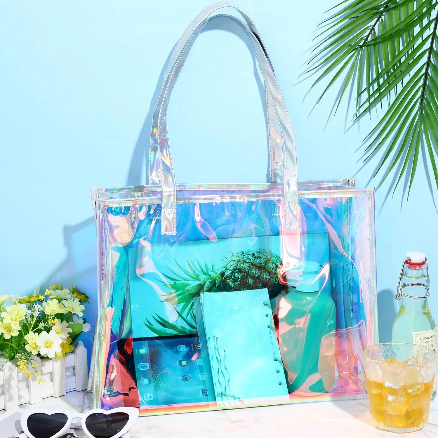 Aliceset Holographic Clear Tote Bag with Leather Handle Iridescent Bachelorette Beach Bag for Work Stadium Travel