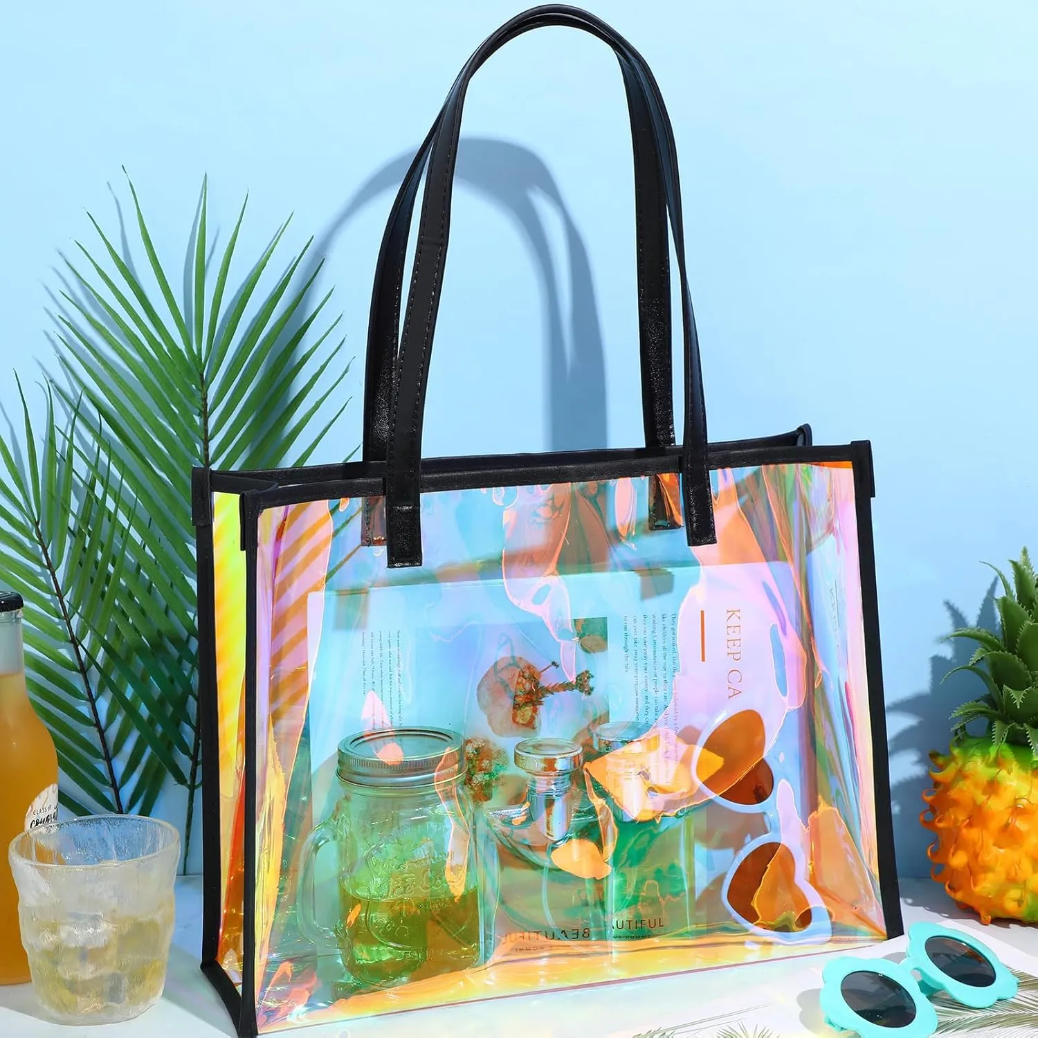 Aliceset Holographic Clear Tote Bag with Leather Handle Iridescent Bachelorette Beach Bag for Work Stadium Travel