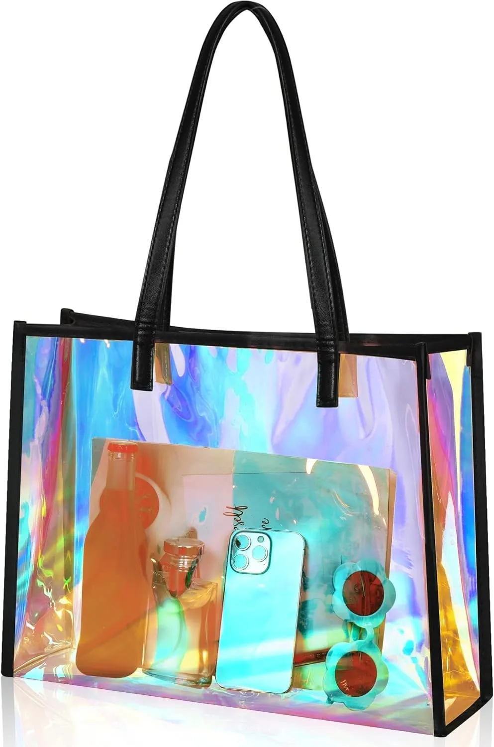 Aliceset Holographic Clear Tote Bag with Leather Handle Iridescent Bachelorette Beach Bag for Work Stadium Travel