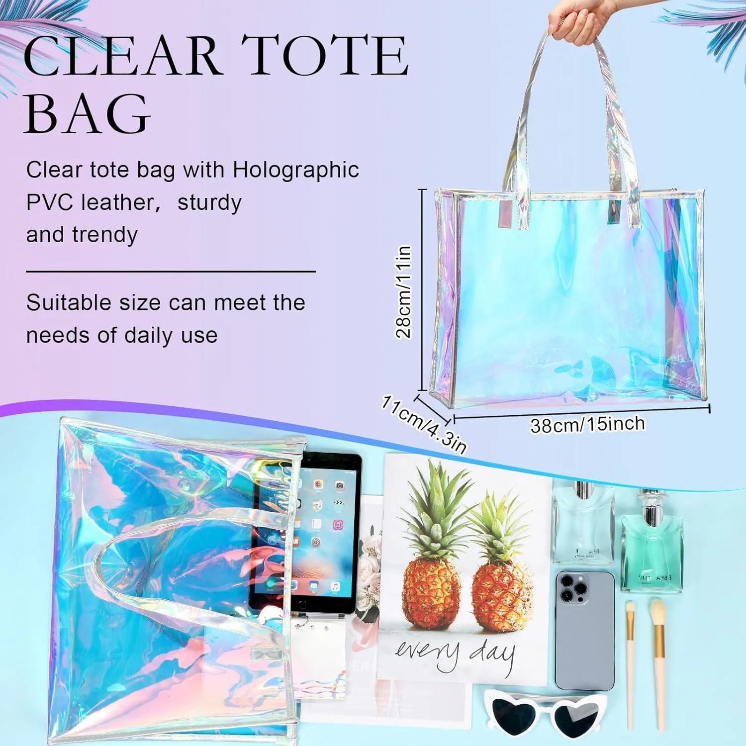 Aliceset Holographic Clear Tote Bag with Leather Handle Iridescent Bachelorette Beach Bag for Work Stadium Travel