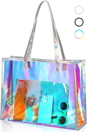 Aliceset Holographic Clear Tote Bag with Leather Handle Iridescent Bachelorette Beach Bag for Work Stadium Travel
