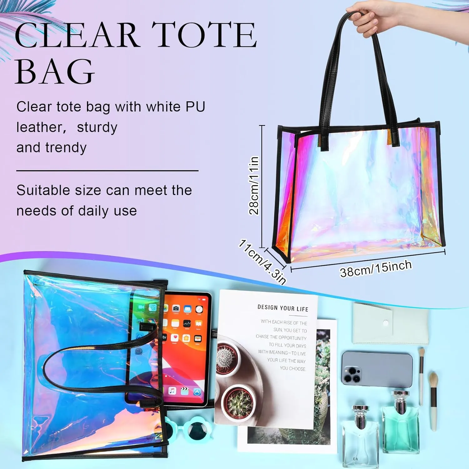 Aliceset Holographic Clear Tote Bag with Leather Handle Iridescent Bachelorette Beach Bag for Work Stadium Travel