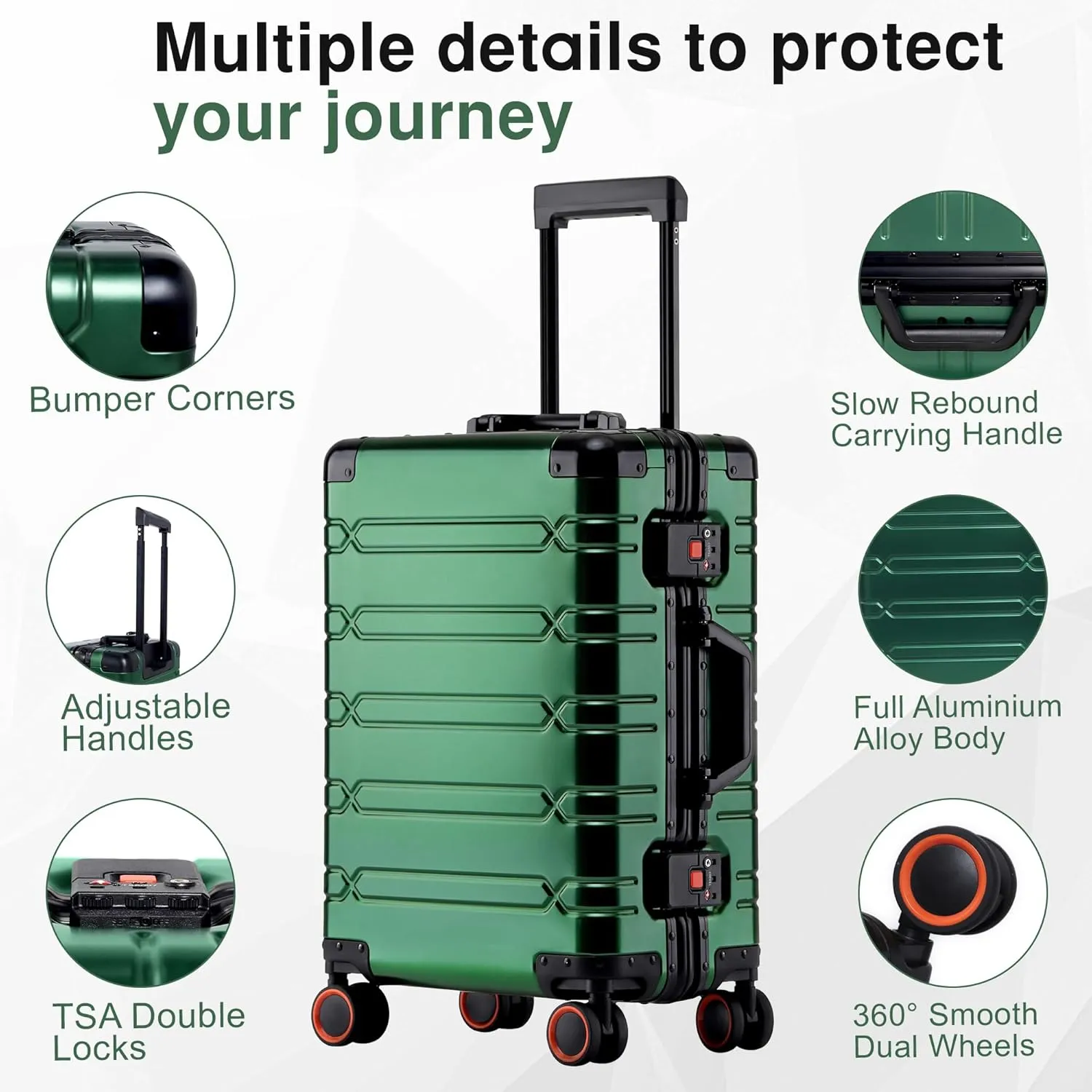 All Aluminum Carry On Luggage 22x14x9 Airline Approved，Zipperless Luggage Premium Aluminum Suitcase Luggage, Hard Shell Carry On Luggage with Spinner Wheels (dark green, 20inch)