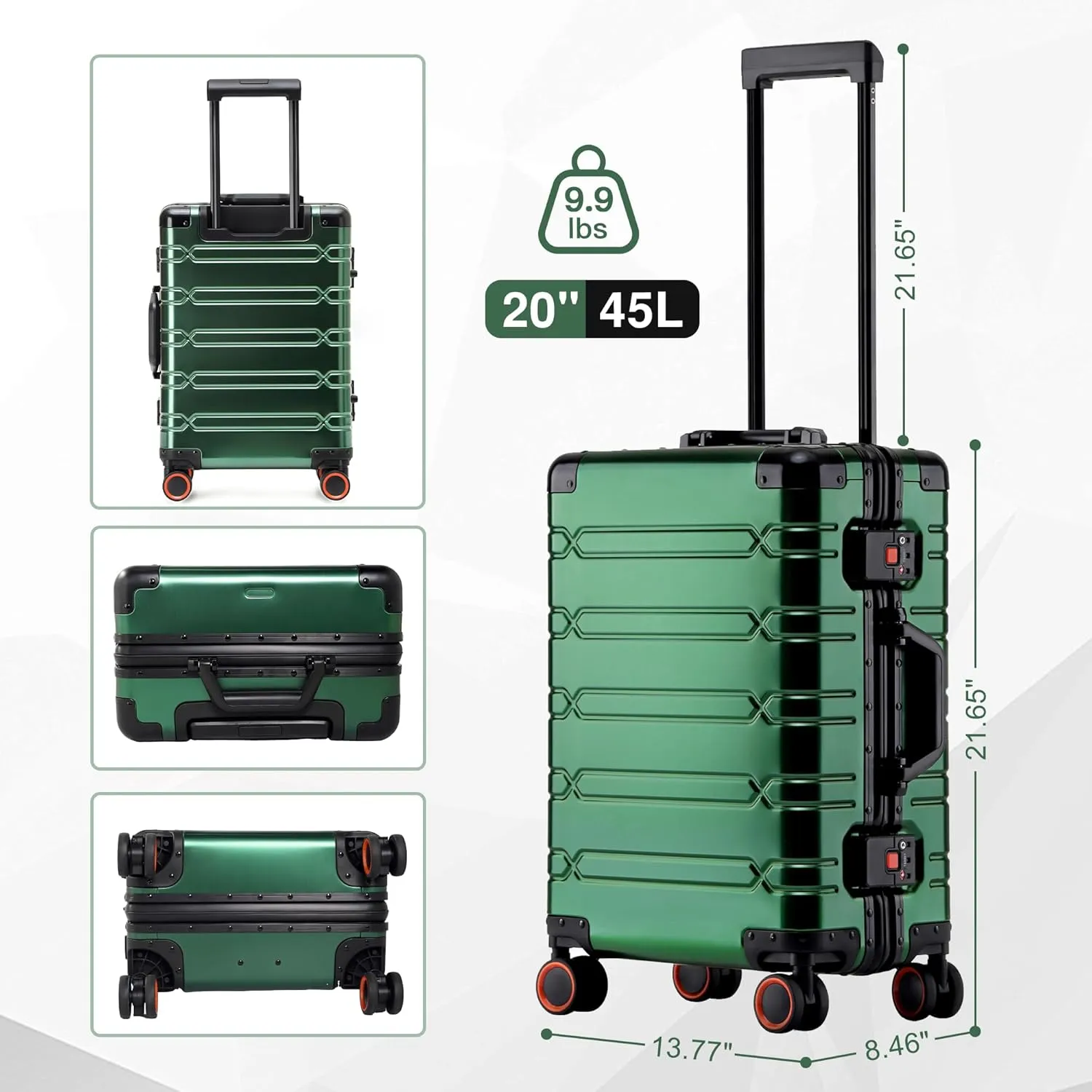 All Aluminum Carry On Luggage 22x14x9 Airline Approved，Zipperless Luggage Premium Aluminum Suitcase Luggage, Hard Shell Carry On Luggage with Spinner Wheels (dark green, 20inch)