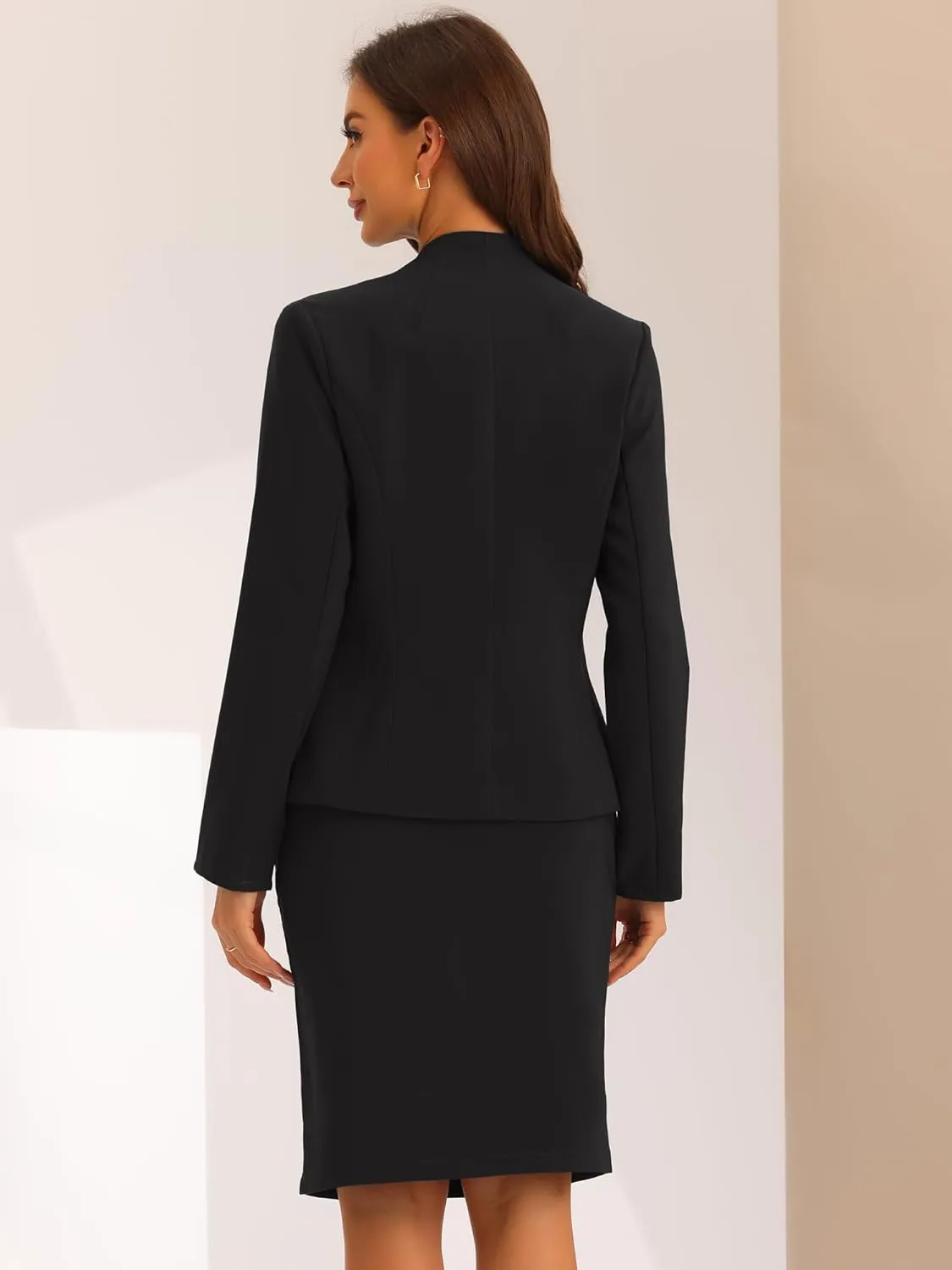 Allegra K 2 Piece Suit Skirt Set for Women's Business Formal Collarless Blazer and Pencil Skirts