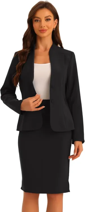 Allegra K 2 Piece Suit Skirt Set for Women's Business Formal Collarless Blazer and Pencil Skirts