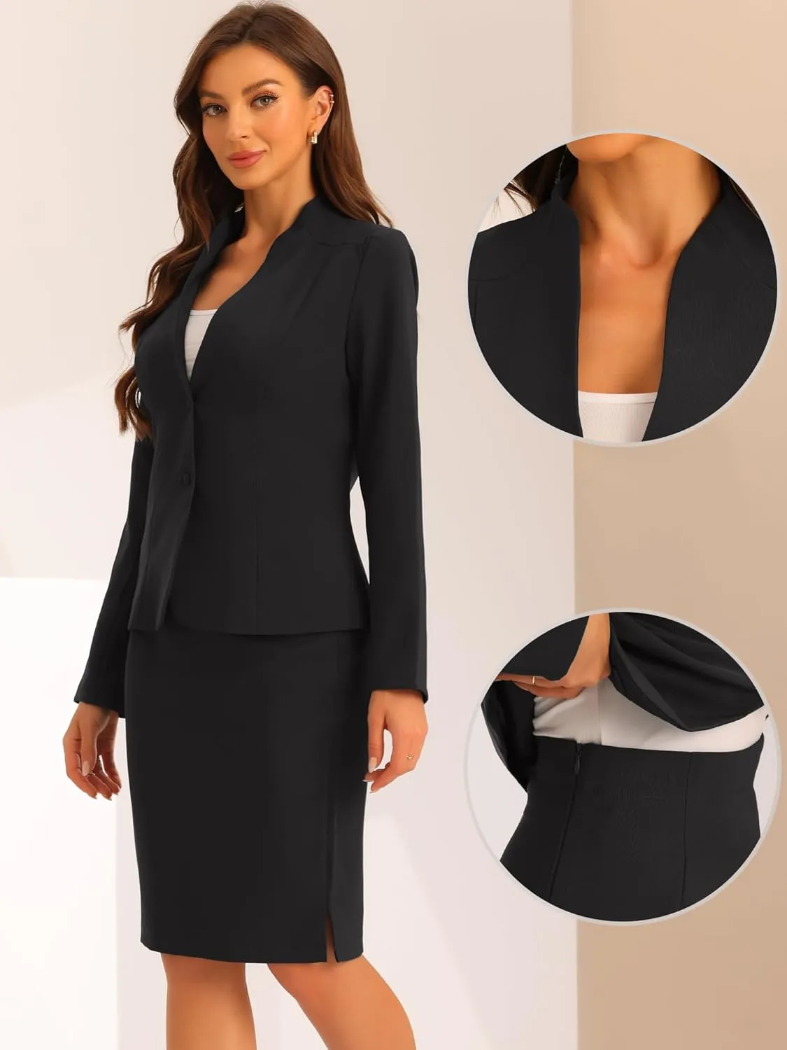 Allegra K 2 Piece Suit Skirt Set for Women's Business Formal Collarless Blazer and Pencil Skirts