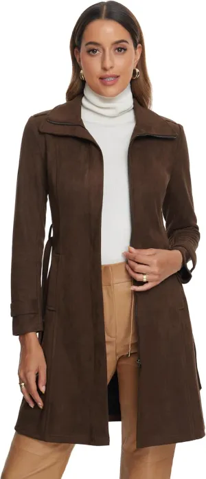 Allegra K Faux Suede Coat for Women's Belted Long Zipper Jacket