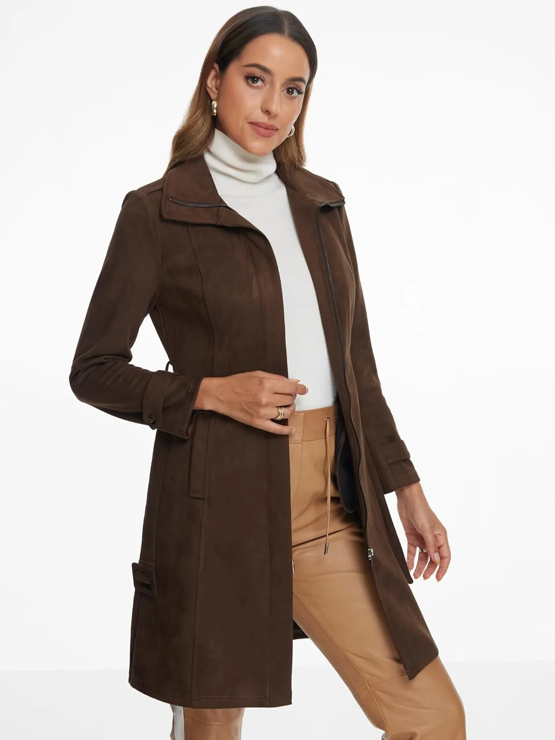 Allegra K Faux Suede Coat for Women's Belted Long Zipper Jacket