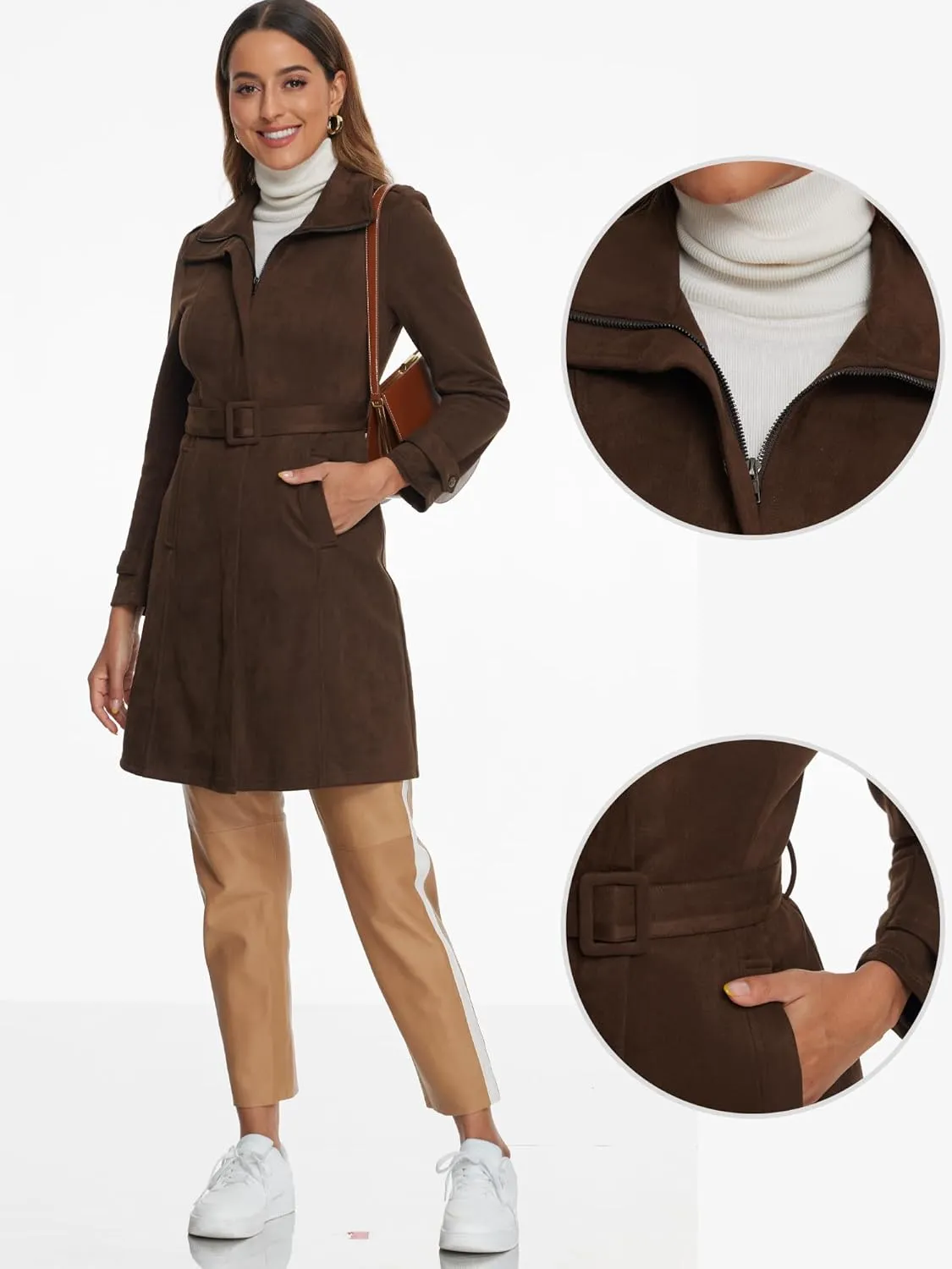Allegra K Faux Suede Coat for Women's Belted Long Zipper Jacket
