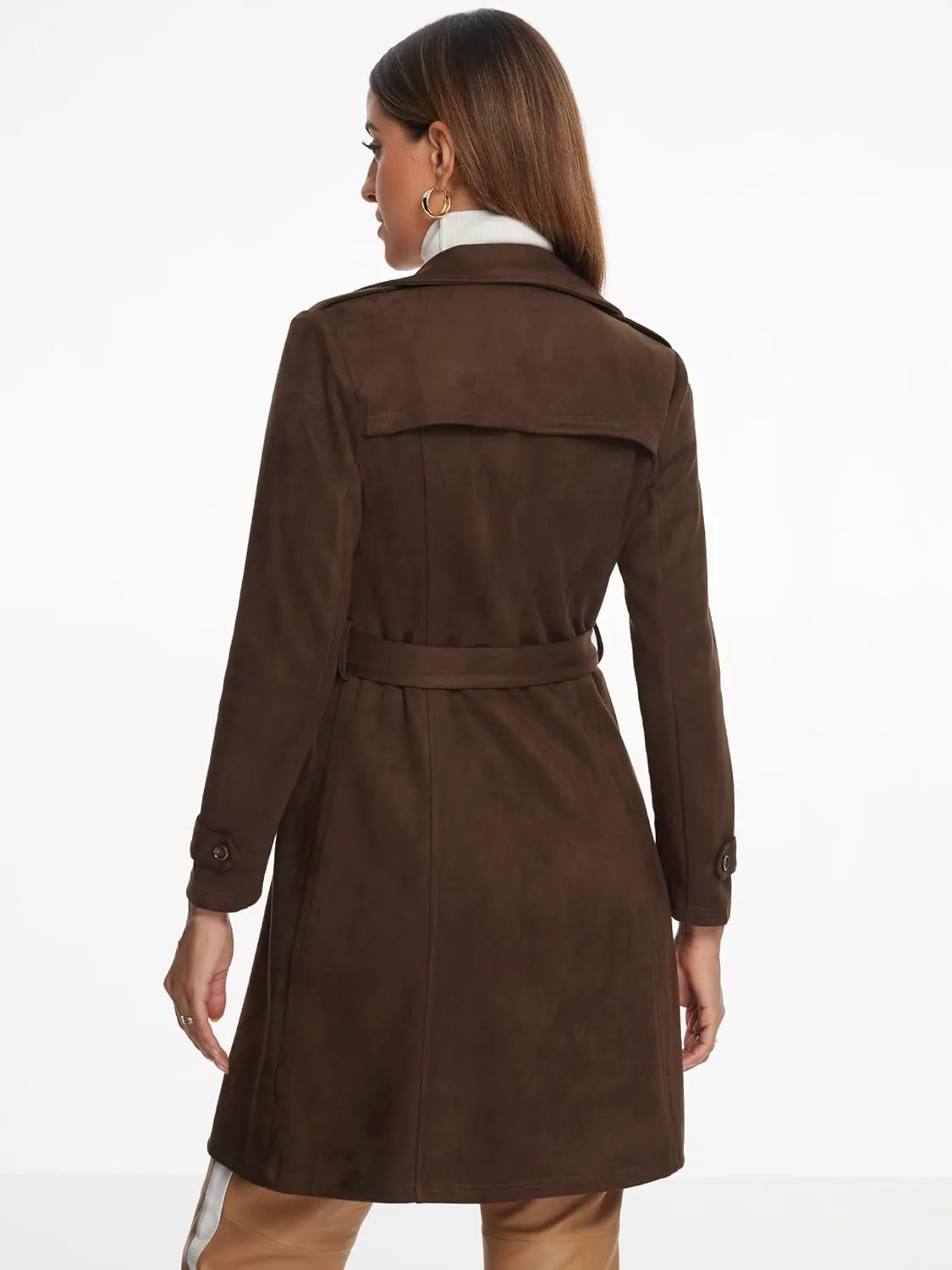 Allegra K Faux Suede Coat for Women's Belted Long Zipper Jacket