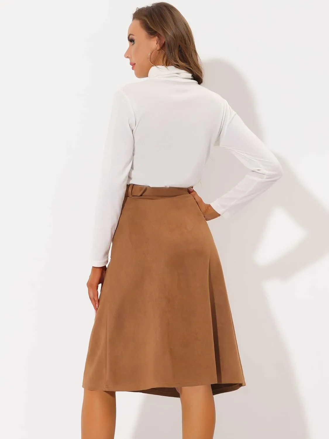 Allegra K Women's Casual Faux Suede Pockets Stretch A-line Midi Skirt with Belt
