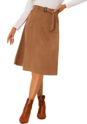 Allegra K Women's Casual Faux Suede Pockets Stretch A-line Midi Skirt with Belt