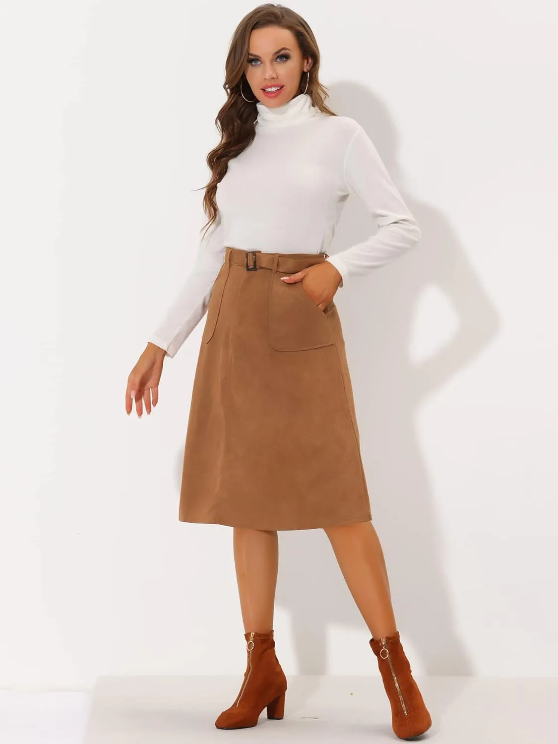 Allegra K Women's Casual Faux Suede Pockets Stretch A-line Midi Skirt with Belt