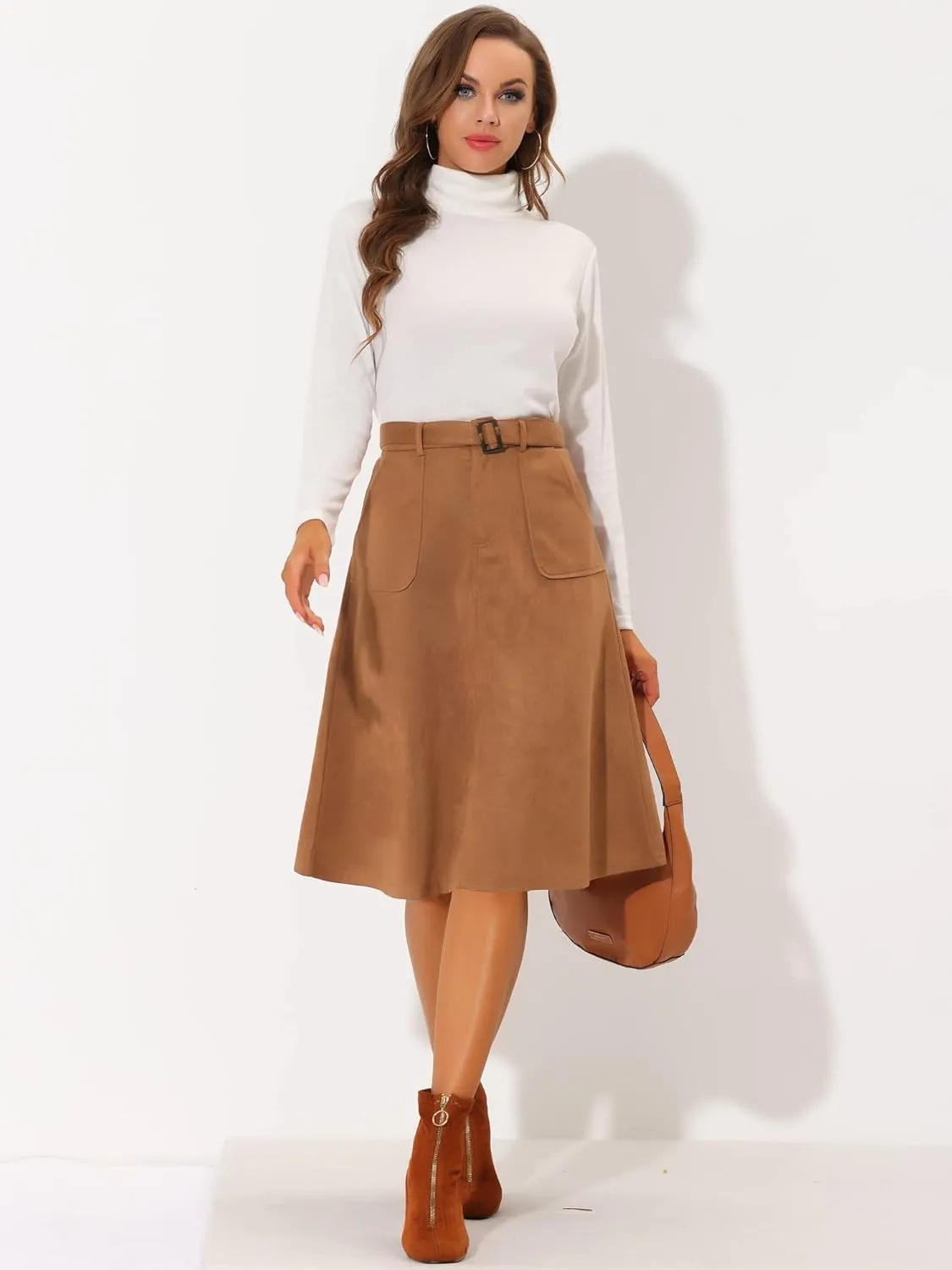 Allegra K Women's Casual Faux Suede Pockets Stretch A-line Midi Skirt with Belt