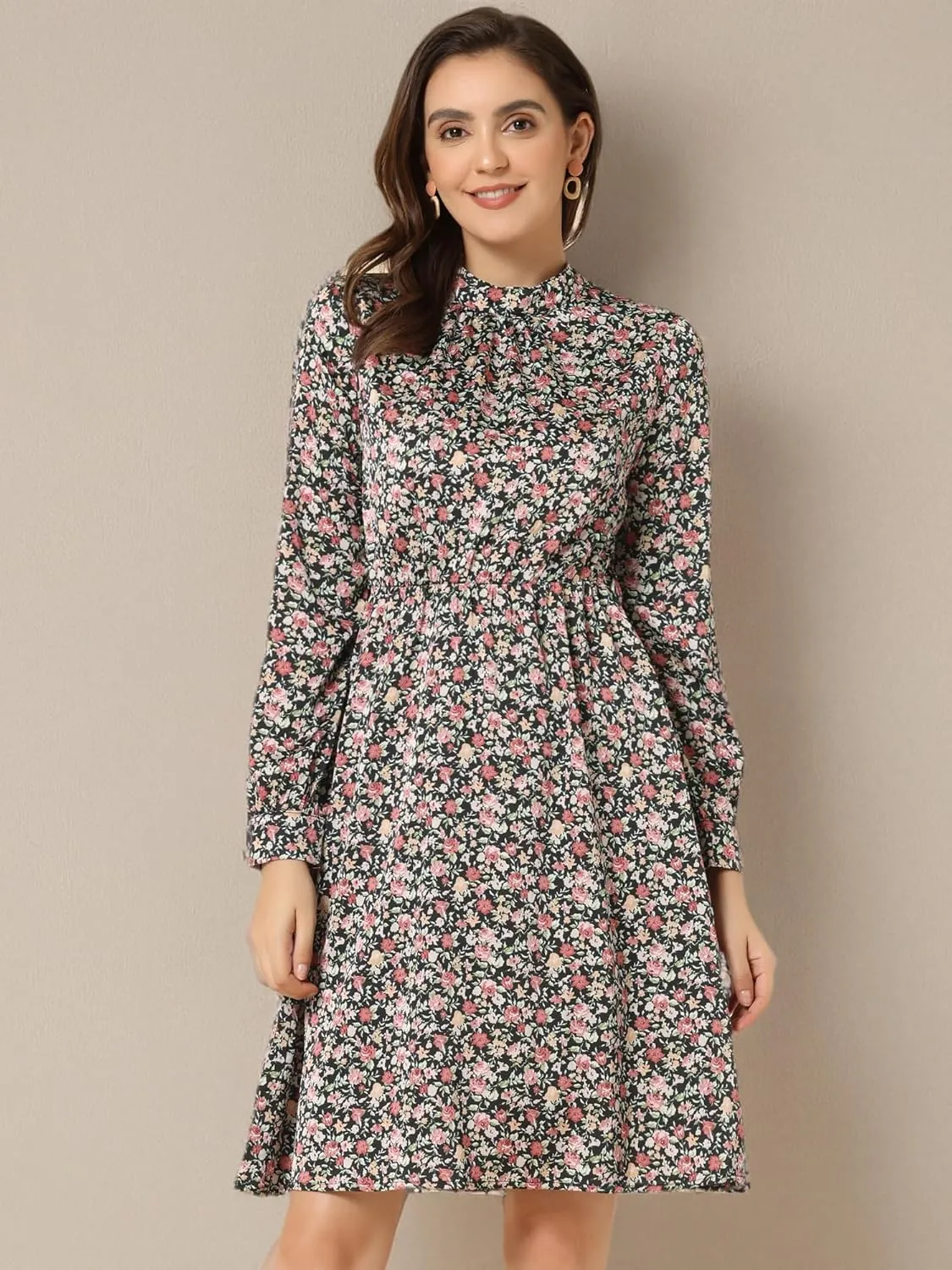 Allegra K Women's Mock Neck Swing Knee Length Long Sleeve A-line Floral Dress