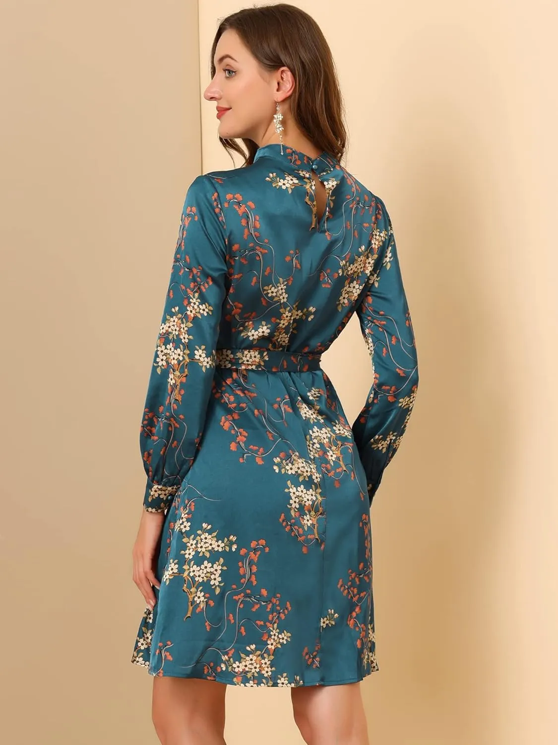 Allegra K Women's Mock Neck Swing Knee Length Long Sleeve A-line Floral Dress