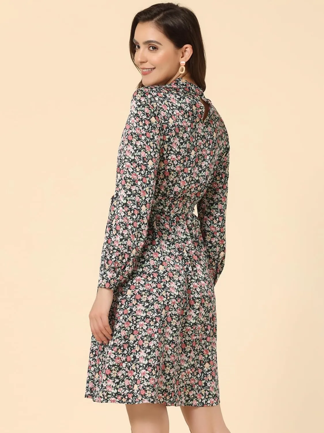 Allegra K Women's Mock Neck Swing Knee Length Long Sleeve A-line Floral Dress