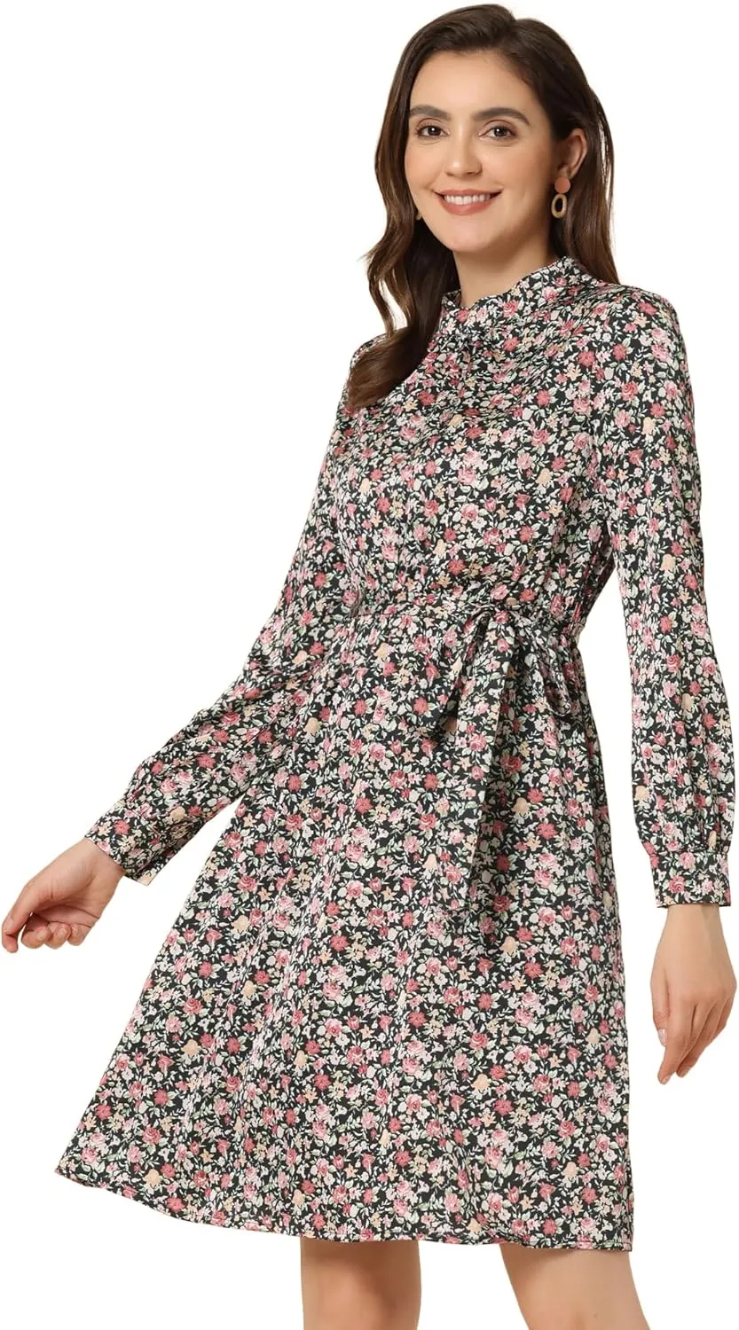 Allegra K Women's Mock Neck Swing Knee Length Long Sleeve A-line Floral Dress