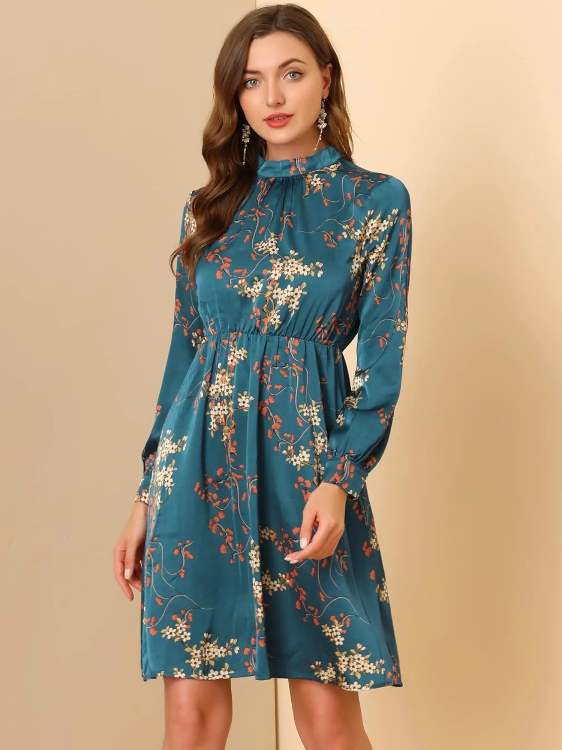 Allegra K Women's Mock Neck Swing Knee Length Long Sleeve A-line Floral Dress