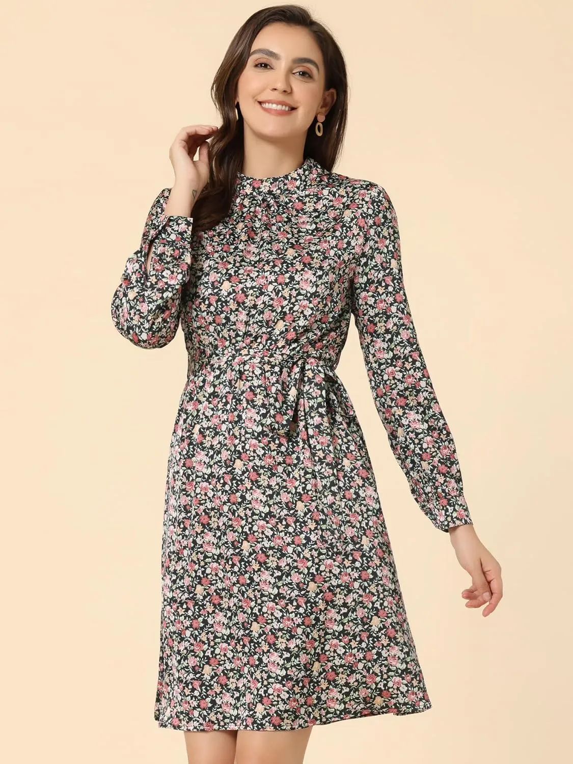 Allegra K Women's Mock Neck Swing Knee Length Long Sleeve A-line Floral Dress