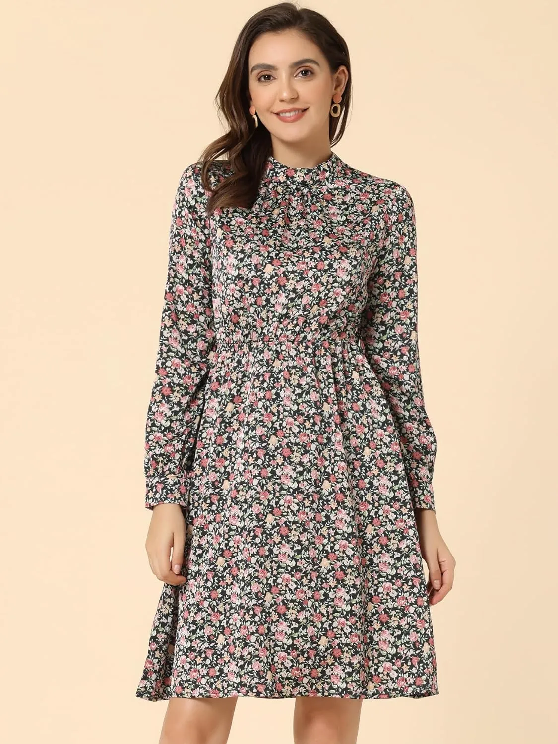 Allegra K Women's Mock Neck Swing Knee Length Long Sleeve A-line Floral Dress