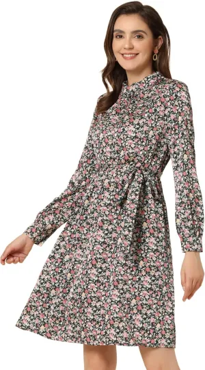 Allegra K Women's Mock Neck Swing Knee Length Long Sleeve A-line Floral Dress