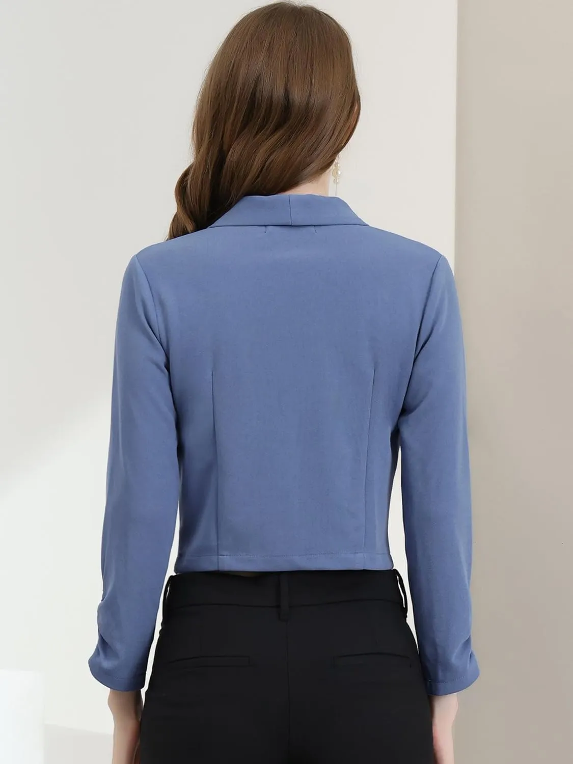Allegra K Women's Notched Lapel Ruched Sleeve Jackets Business Cropped Blazer