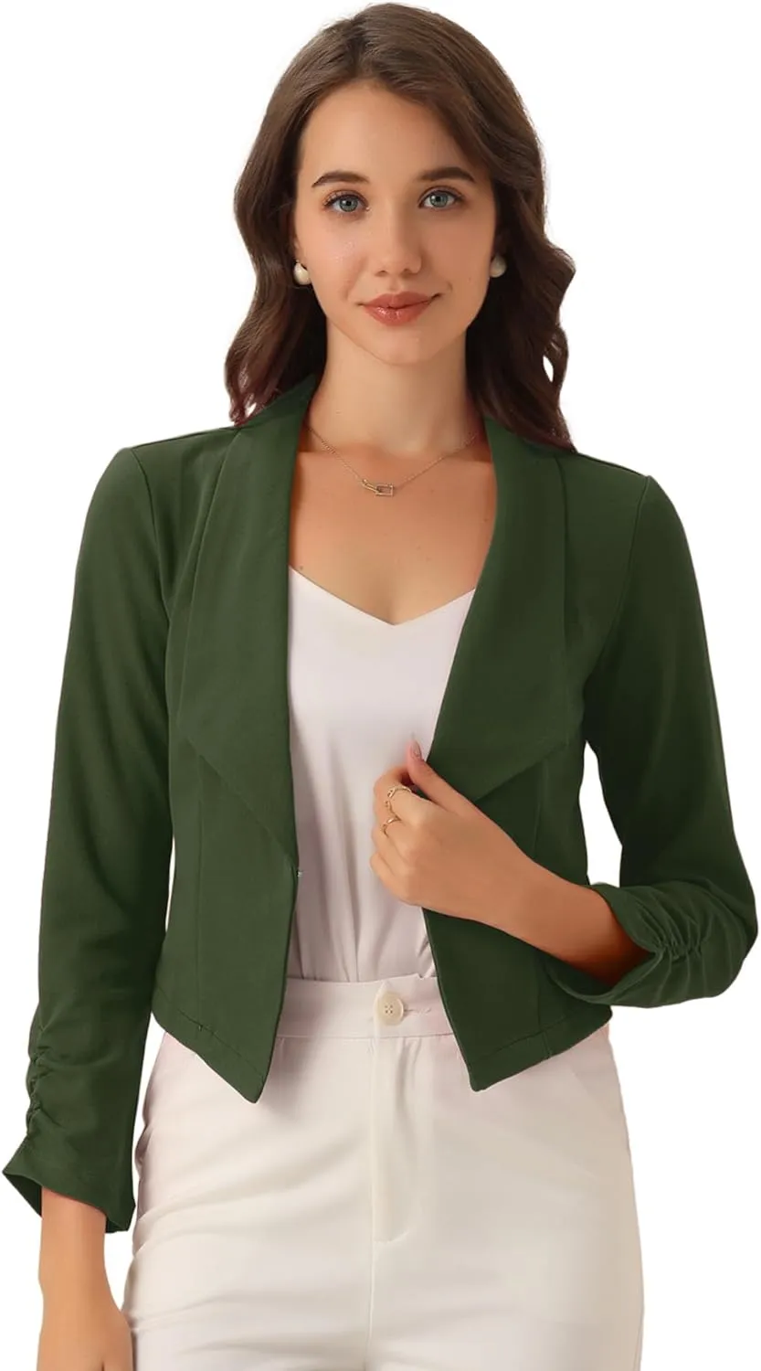 Allegra K Women's Notched Lapel Ruched Sleeve Jackets Business Cropped Blazer