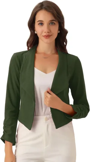 Allegra K Women's Notched Lapel Ruched Sleeve Jackets Business Cropped Blazer