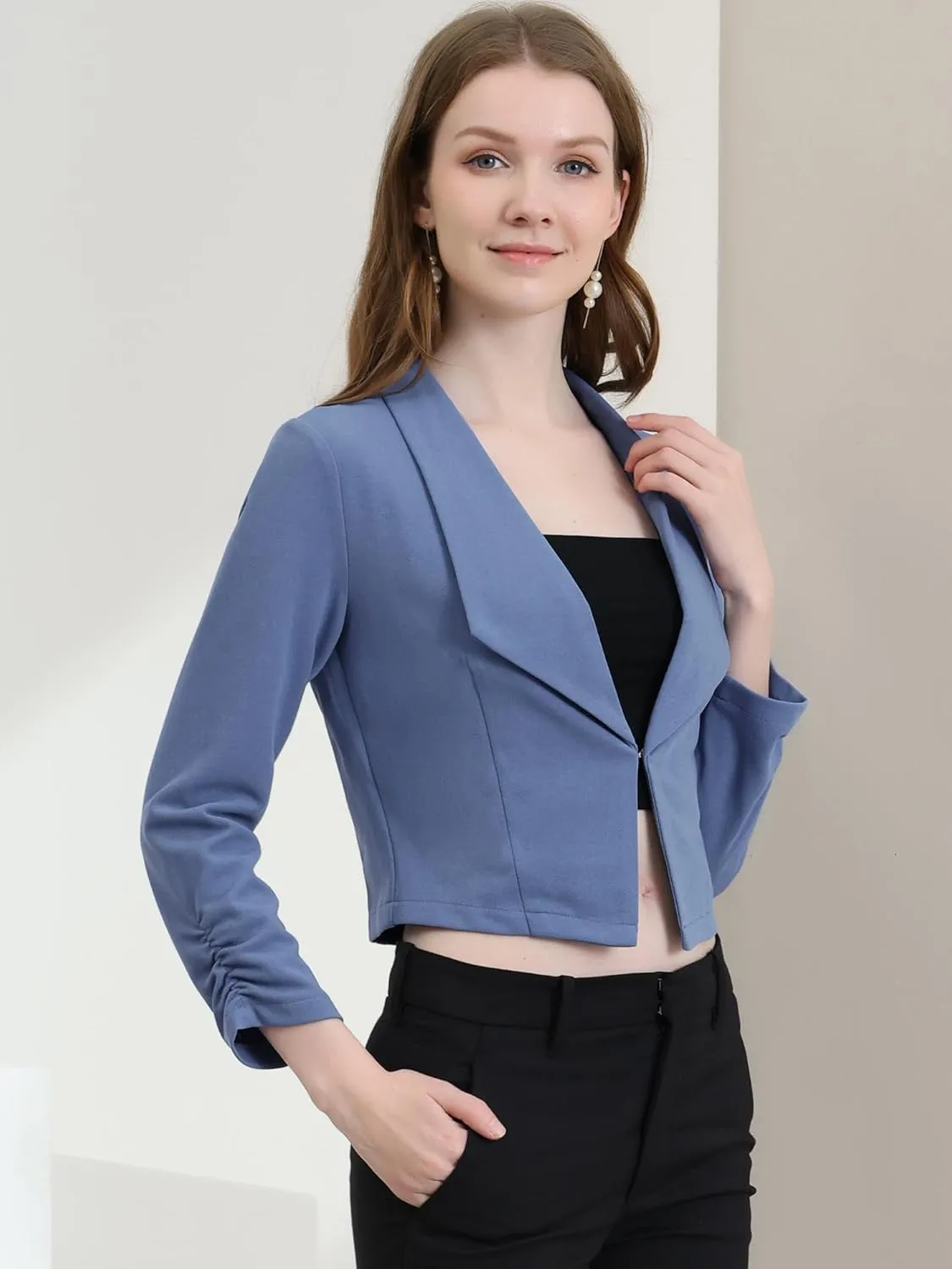 Allegra K Women's Notched Lapel Ruched Sleeve Jackets Business Cropped Blazer