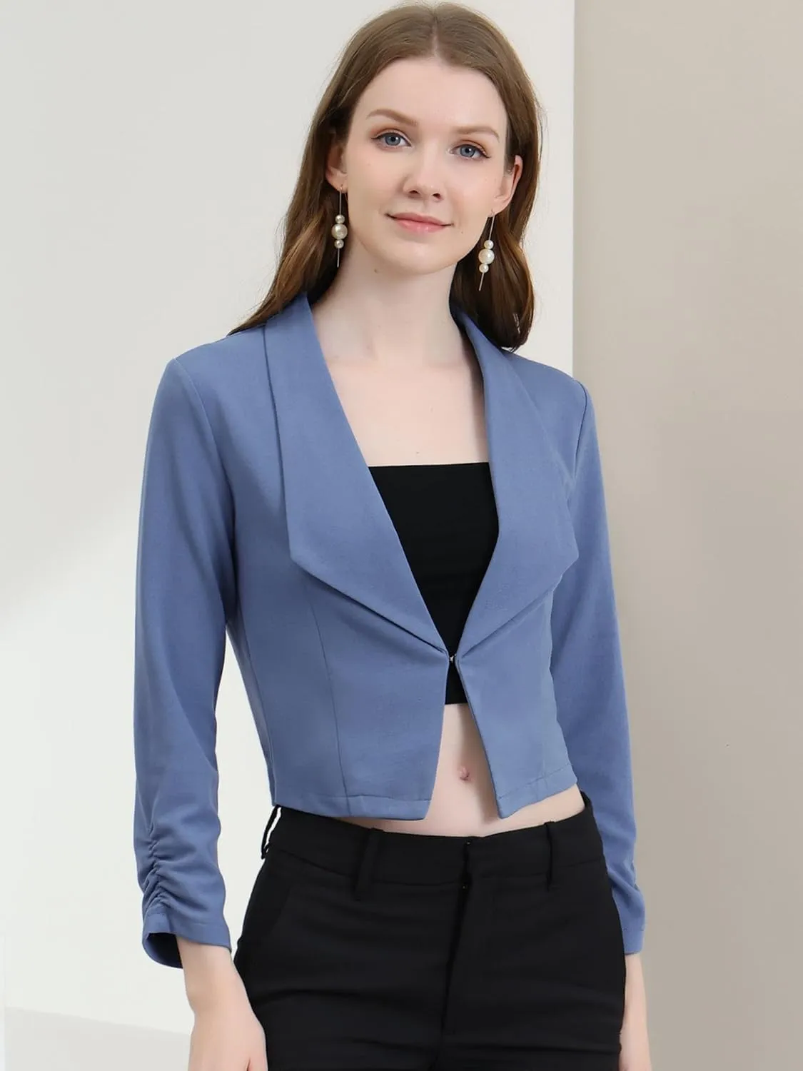 Allegra K Women's Notched Lapel Ruched Sleeve Jackets Business Cropped Blazer