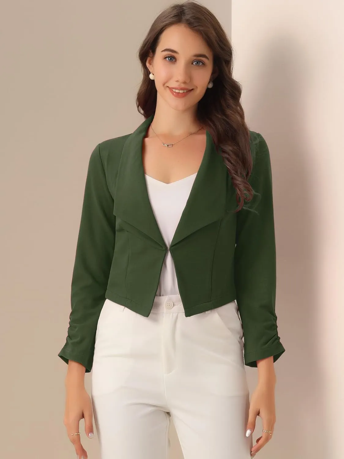 Allegra K Women's Notched Lapel Ruched Sleeve Jackets Business Cropped Blazer
